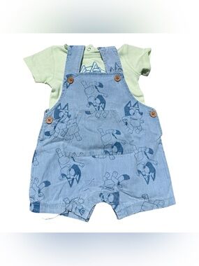 Bluey Baby Boys' 2-Piece Chambray Short Sleeve Overalls and T-Shirt Set